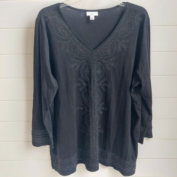 J Jill Women's XL Tunic Sparkle Metallic Embroidered Black Side Vents Shimmer - Picture 2 of 11